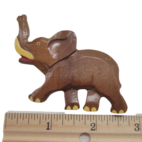 Vtg Hand-Carved Wooden Elephant Pin Brooch With Painted Details Lucky Trunk Up - Picture 2 of 9